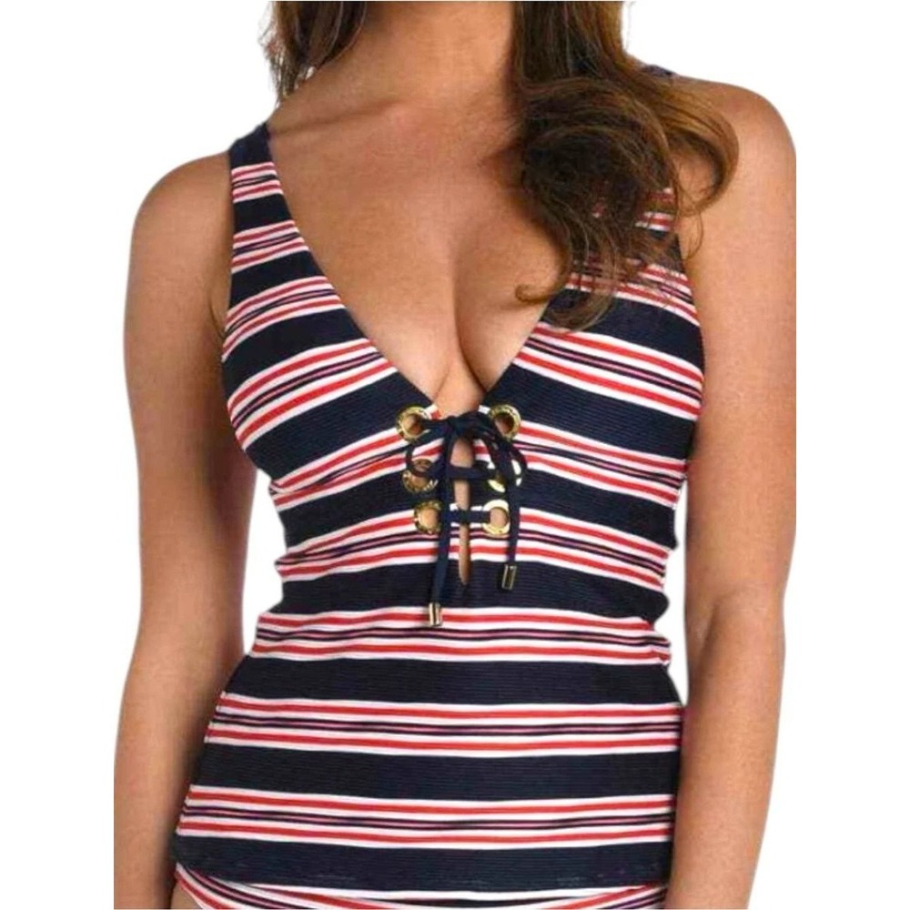 La Blanca Women Navy Red White Striped Lace Up Tankini Top Nautical Size 4 NWT